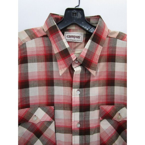 VINTAGE Campus Shirt XXL Tall Red Western Button Up Plaid Flap Pockets - Picture 2 of 11